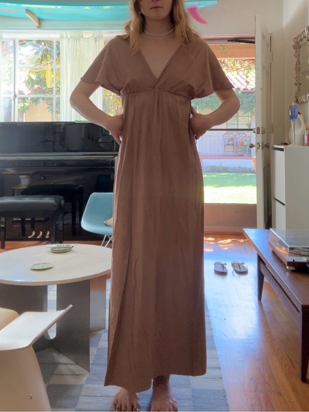 Organic Cotton Hempwear Brown V-Neck Short Sleeve Maxi Dress